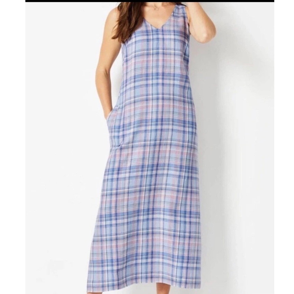 J.Jill Love Linen Blue Pink Plaid V-Neck Maxi Dress Sleeveless Pockets Medium